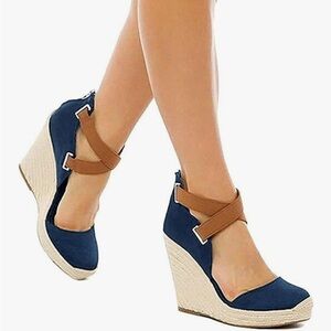 Pie Pie Buy Women’s Navy & Rope Wedge Ankle Strap Closed Cap Toe Platform Size 8